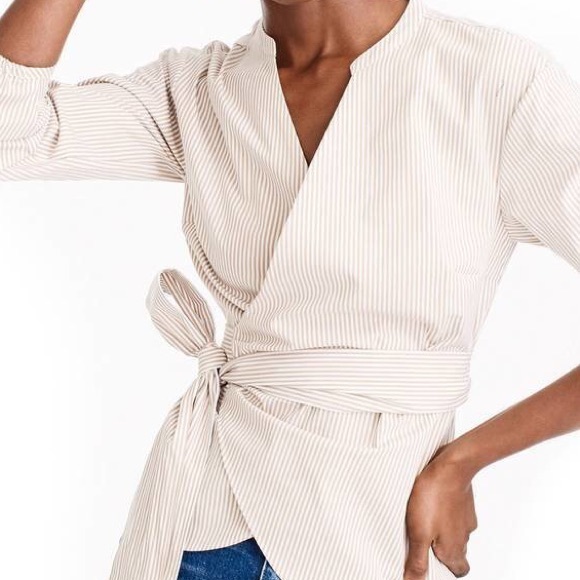 J. Crew Tops - J. Crew white and tan pinstripe wrap blouse